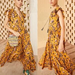 Ulla Johnson Maxi Dress Tiered Arinella Cover Up Solar Yellow Floral Flutter XL